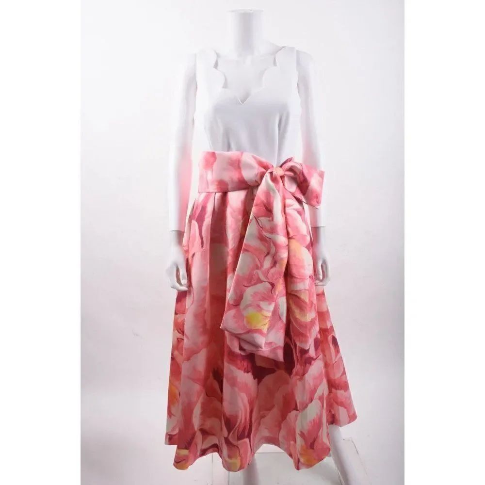 Theia Womens Daphne Dress Bow Sz 8 Pink White Floral Sleeveless V-Neck NWT